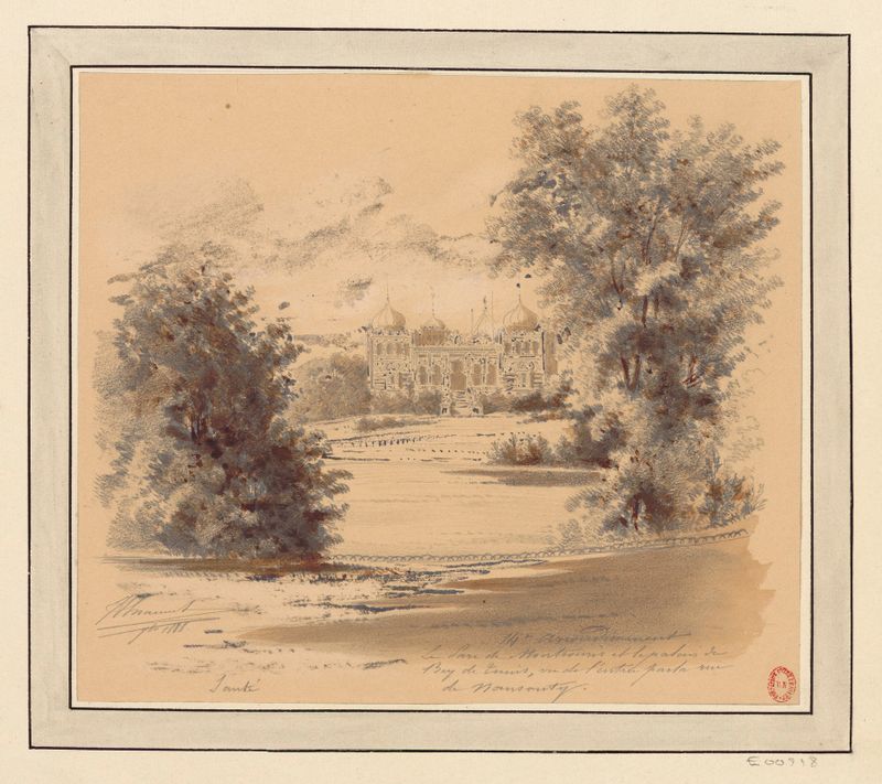Oil painting by Jules-Adolphe Chauvet depicting Montsouris Park with vibrant foliage.