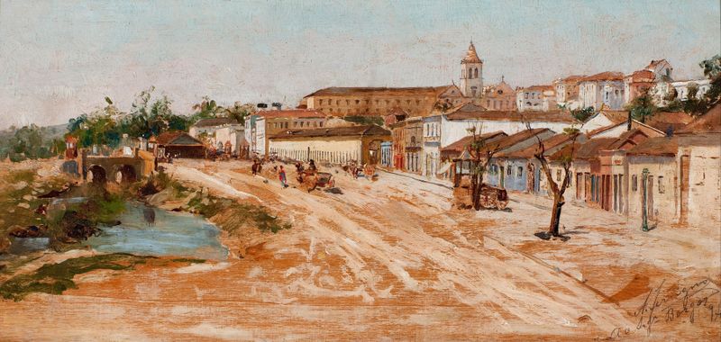 Rua 25 de março de Antonio Ferrigno, impressionismo, retratando uma cena urbana vibrante