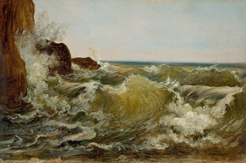 Marine scene of waves crashing on rocks by Heinrich Reinhold, oil painting