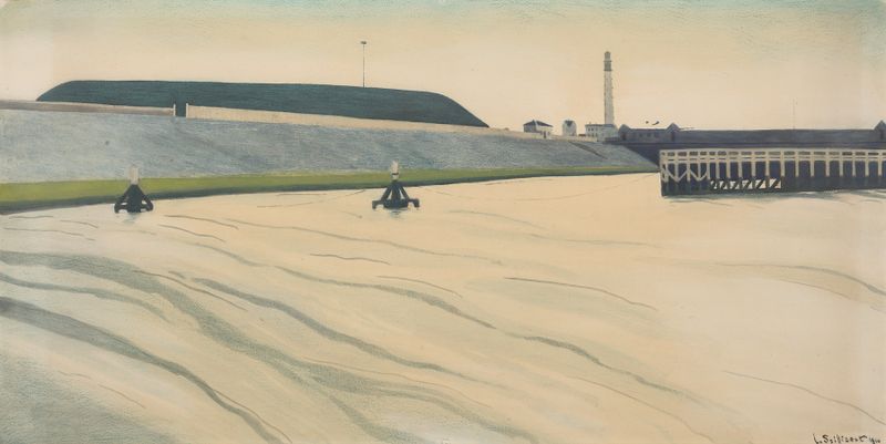 Haven te Oostende by Léon Spilliaert, oil on canvas, depicting tumultuous waves and a muted shoreline.
