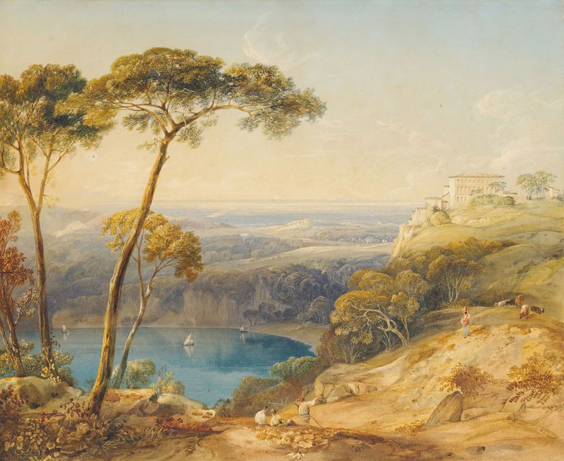 Lake Nemi with Pontine Marshes, watercolor on paper by Copley Fielding