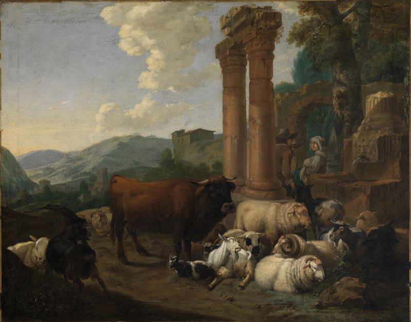 Genre scene with shepherds among ruins, oil painting by Johann Heinrich Roos