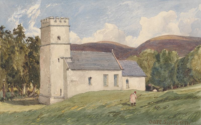 Oare Church by Rev. James Bulwer, watercolor on paper depicting a church steeple against a fading sky.