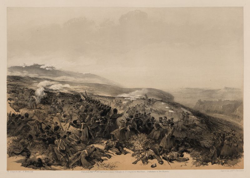 Escena histórica de soldados cargando en batalla, tinta sobre papel de William Simpson