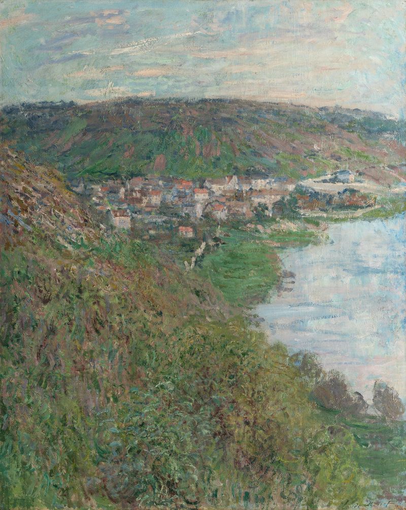 Vista de Vétheuil de Claude Monet, óleo sobre lienzo que representa un río y suaves colinas.