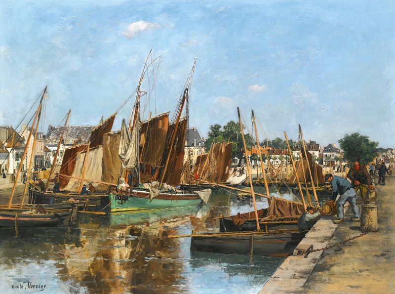 Bateaux Au Port de Emile Louis Vernier, óleo sobre lienzo que muestra barcos en un puerto