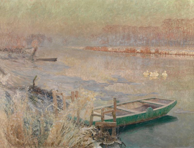 Winter by Emile Claus, oil on canvas depicting a serene snowy landscape.