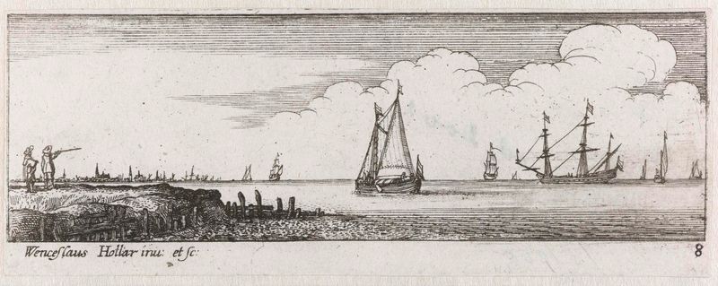 Grabado de Wenceslaus Hollar mostrando figuras junto al río señalando barcos
