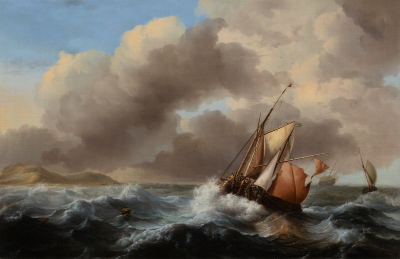 Marine scene with fishing vessels in a heavy sea, oil painting by Follower of Ludolf Backhuysen.