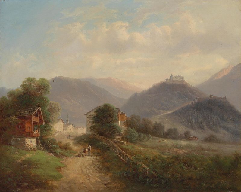 Landscape oil painting of Hohenwerfen fortress by Gustav Barbarini