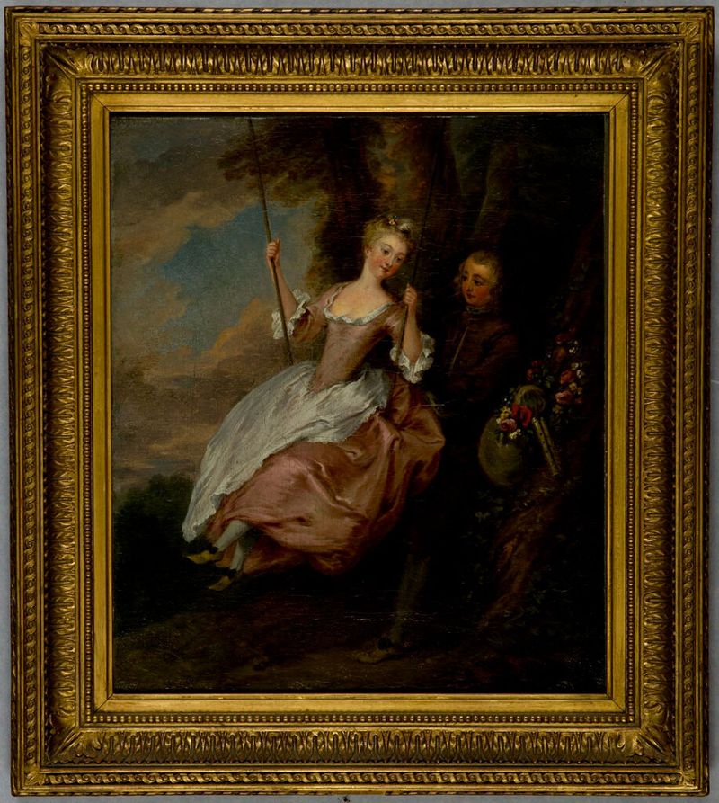 A young woman on a swing in a flowing dress, oil on canvas by an unidentified artist