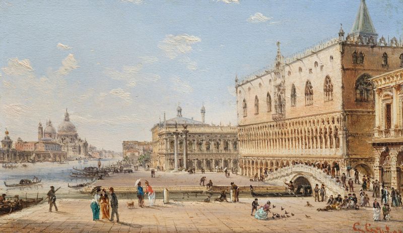 Venice, a View of St Mark’s Square by Giovanni Grubas, oil on canvas depicting St Mark's Basilica