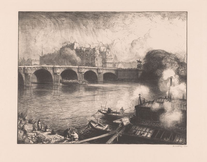 Engraving by Auguste Lepère depicting Le Pont-Neuf and the Seine river