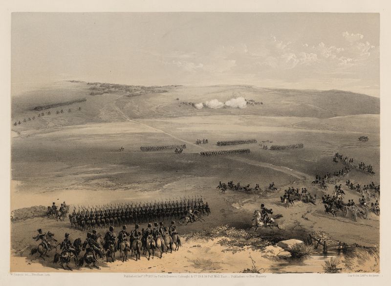 Historical ink on paper scene by William Simpson depicting soldiers in a landscape.