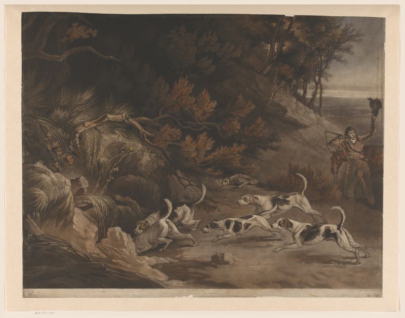 Pintura a óleo de William Whiston Barney mostrando um caçador com cães em uma floresta