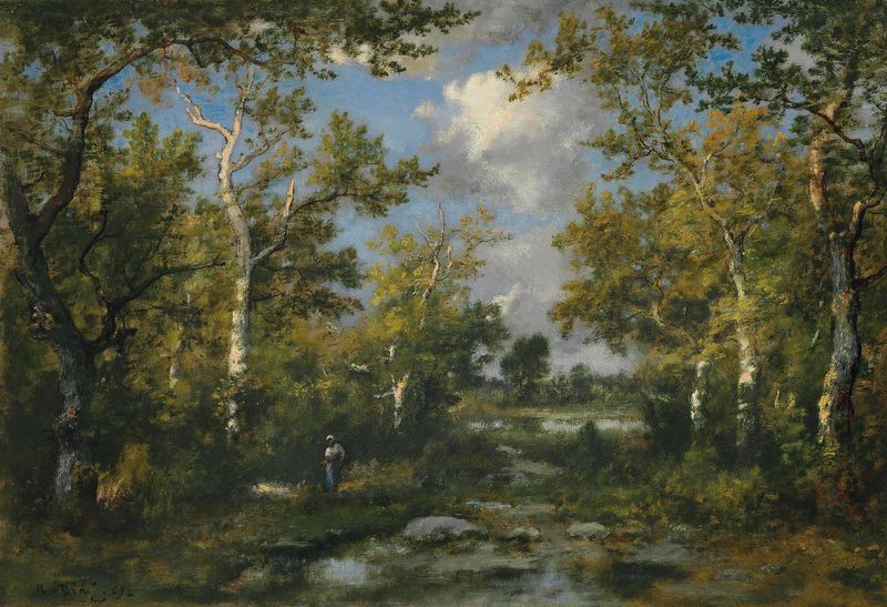 Paisagem florestal com luz filtrada, óleo sobre tela de Narcisse-Virgile Diaz de La Peña
