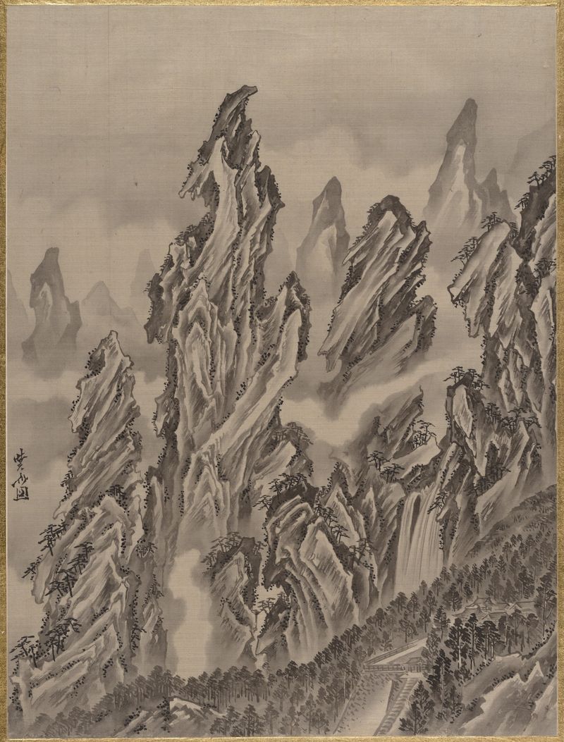 Paisaje Ukiyo-e de Kawanabe Kyōsai con acantilados rocosos y un cielo vespertino