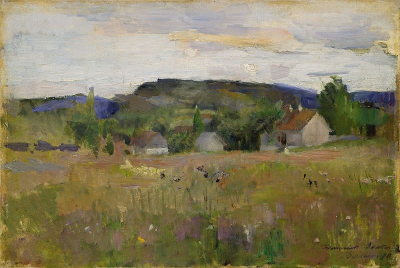 Landskap fra Bærum by Harriet Backer, oil painting depicting a serene landscape.