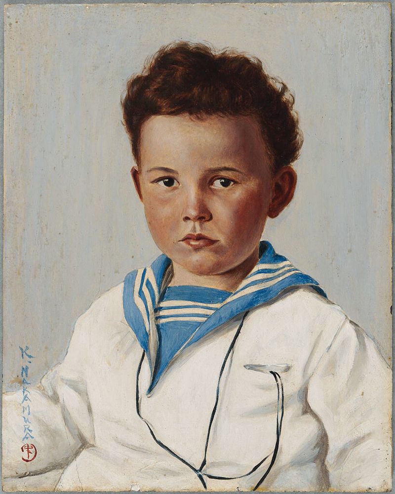 Portrait of a boy, oil on cardboard by Kanji Nakamura