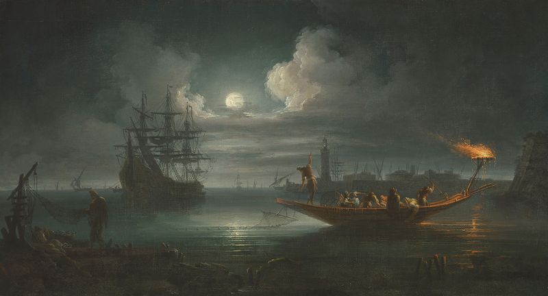 Oil painting by Francesco Fidanza depicting a moonlit Mediterranean harbor with fishermen and a pinnace.