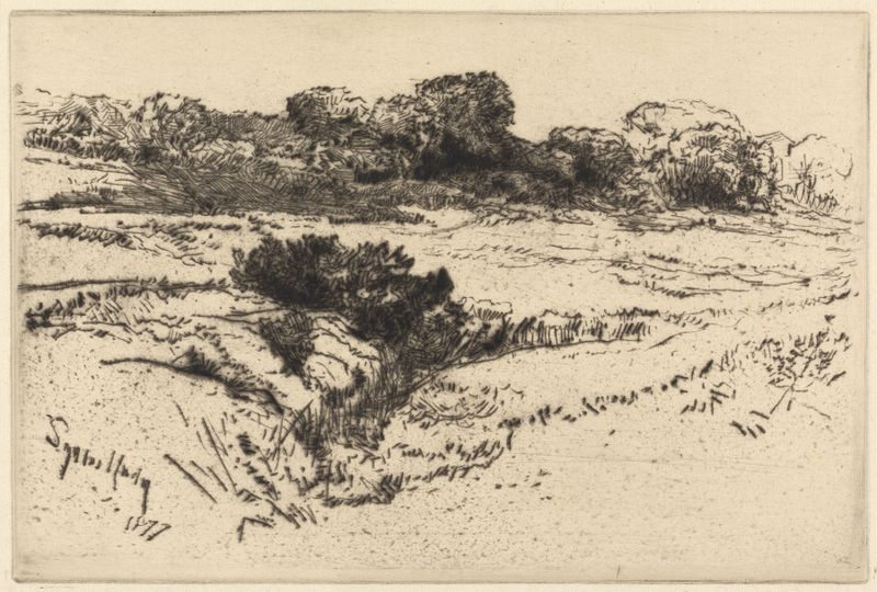 Grabado de Francis Seymour Haden que representa Windmill Hill con colinas y un molino de viento