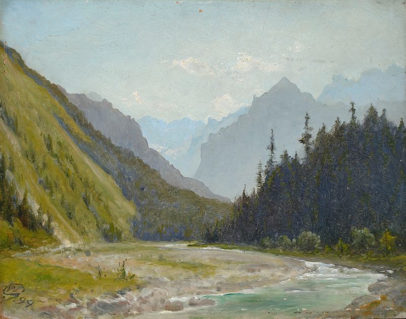 Landscape of a valley with a river by Wojciech Gerson, oil painting