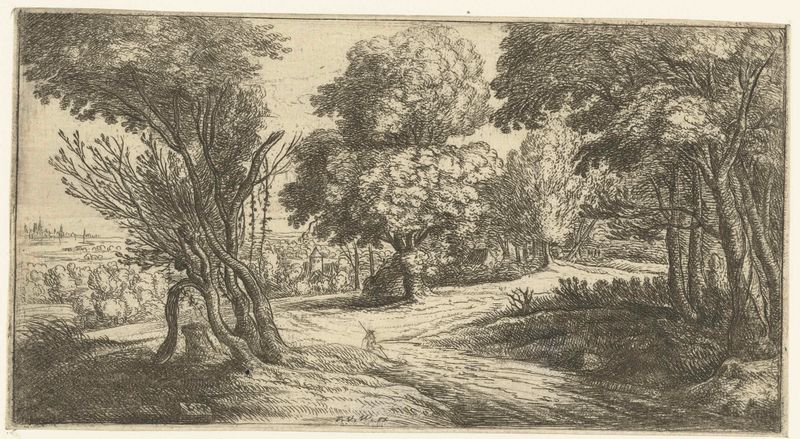 Boslandschap de Lucas van Uden, grabado que muestra un bosque tranquilo con luz filtrándose entre los árboles.