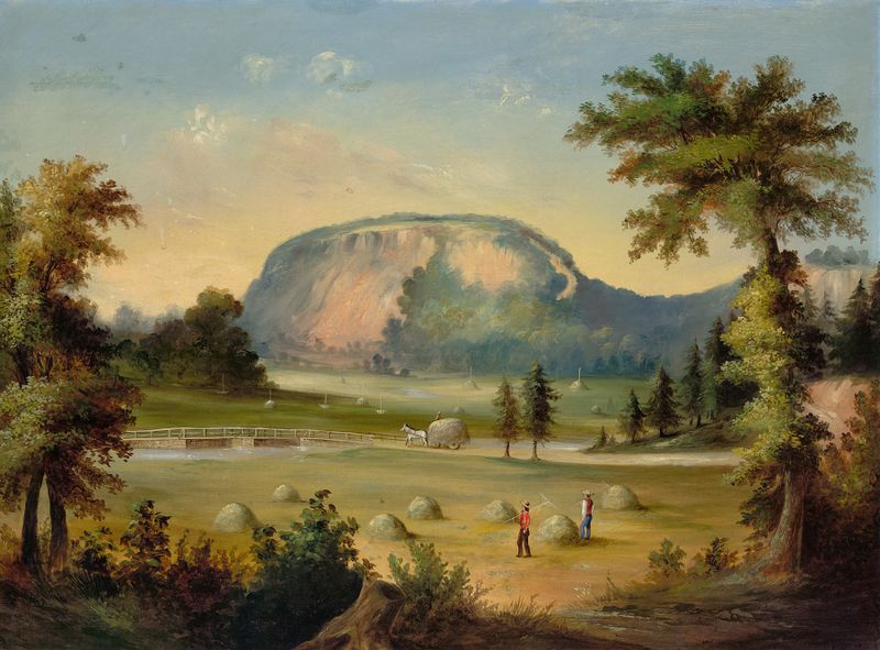 East Rock, New Haven, óleo sobre lienzo de artista desconocido, que representa un paisaje sereno con montañas y un río.