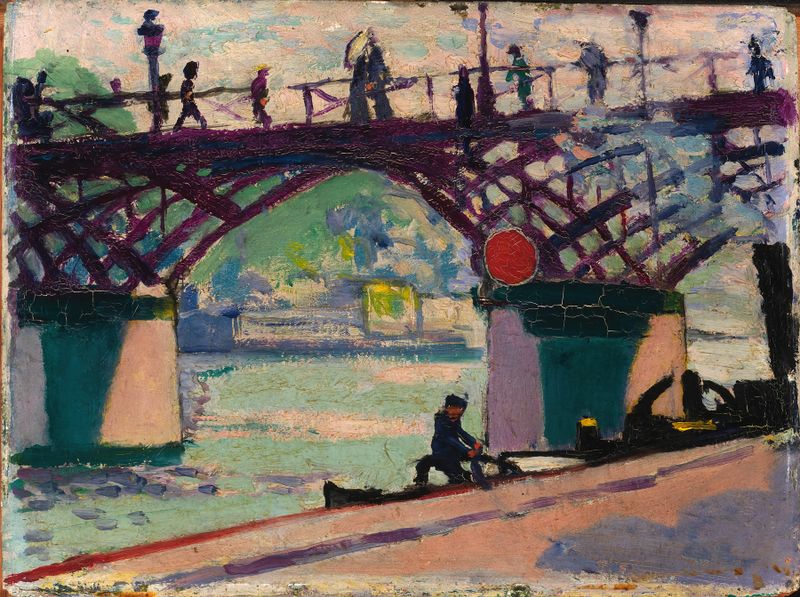Pont Des Arts by Henry Lyman Saÿen, oil on canvas, depicting a bridge over a river at dusk.