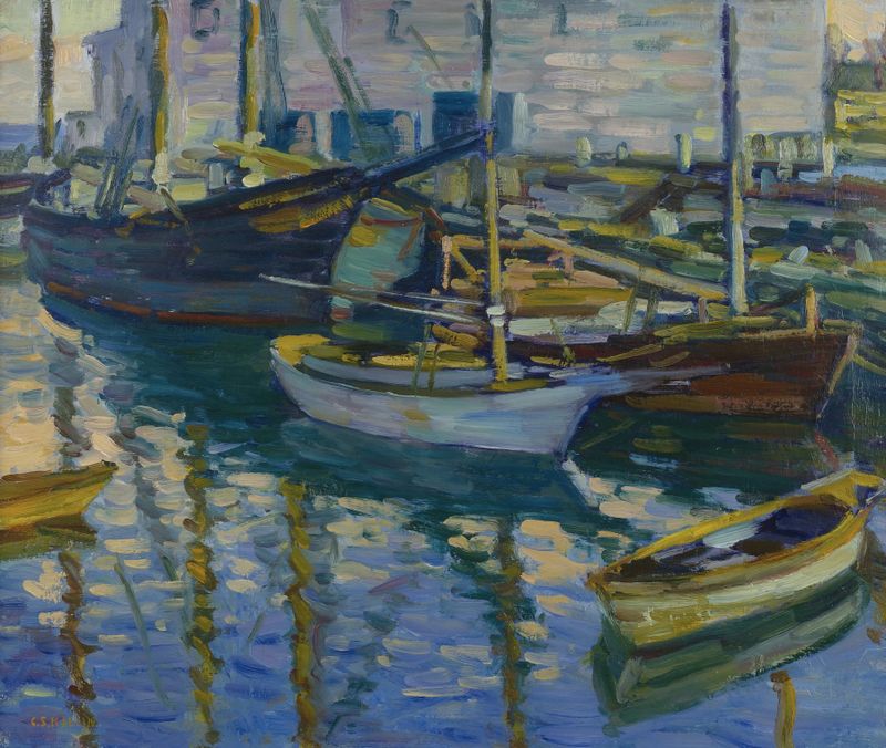 Boats at Dock by Charles Salis Kaelin, impressionism, depicting boats in a calm harbor