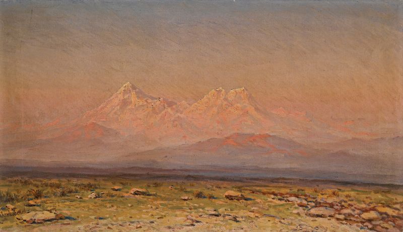 Pintura al óleo de Ilya Nikolaevich Zankovsky que muestra montañas al atardecer