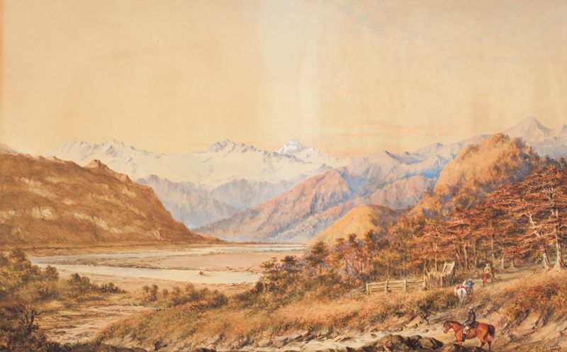 Landscape oil painting by Charles Decimus Barraud depicting Mt. Aspiring and the Matekitiki River.