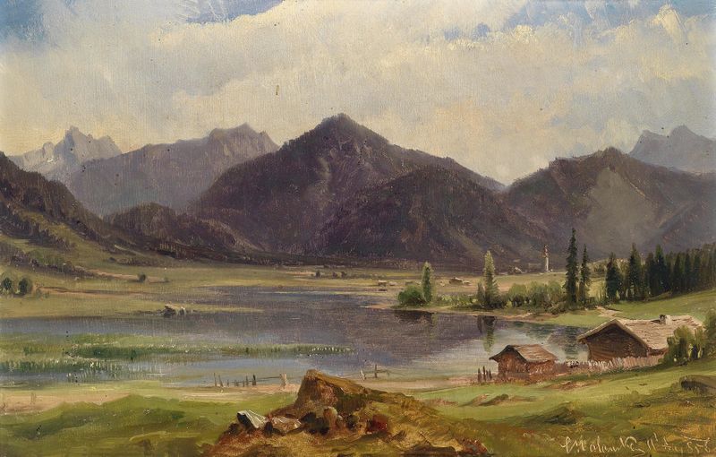 Paisaje de Plansee de Ludwig Halauska, óleo sobre lienzo que representa montañas y un lago reflectante.
