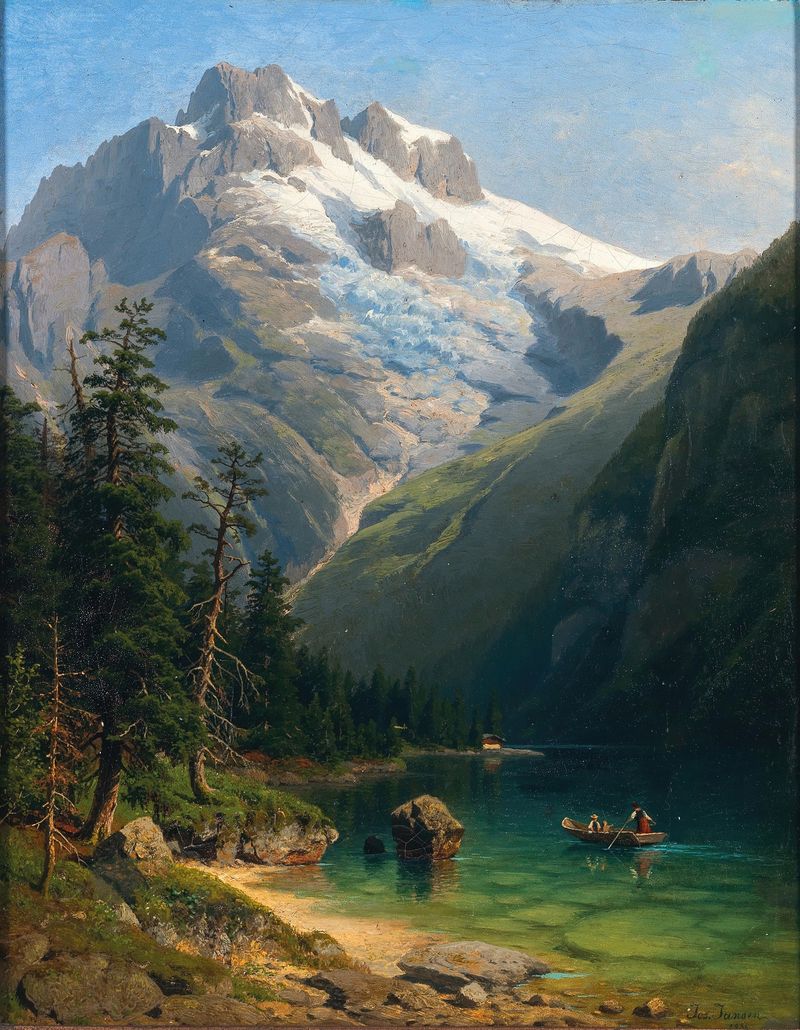 Lago tranquilo y montañas en pintura al óleo de Johann Joseph Jansen
