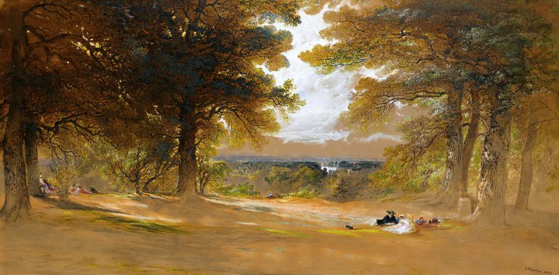 Richmond Park, Londres por John Martin, óleo sobre tela representando uma paisagem tranquila com vegetação exuberante.