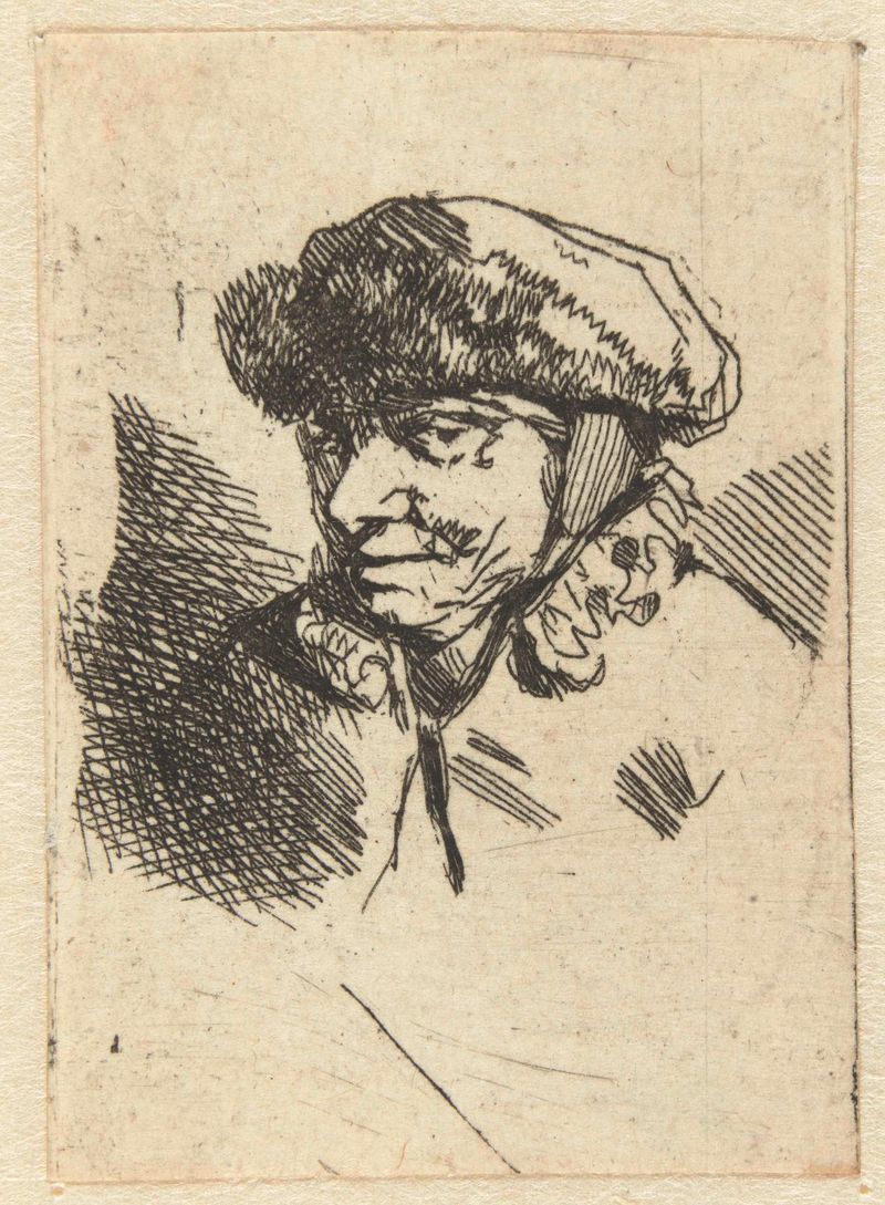 Retrato de uma mulher idosa usando um chapéu de pele, gravura de Cornelis Pietersz. Bega