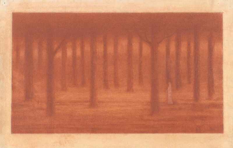 Figura Solitaria en un Bosque de Herbert Crowley, óleo sobre lienzo que muestra una figura solitaria rodeada de árboles.