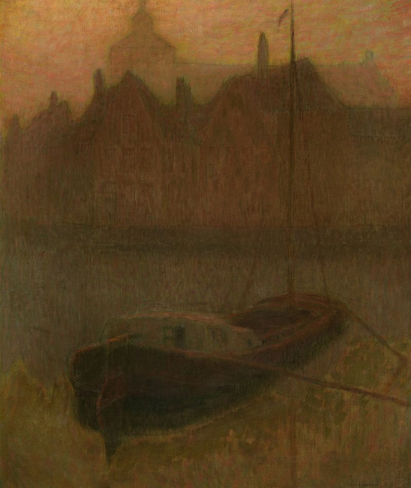óleo de Henri Le Sidaner retratando uma cena tranquila de canal com suaves reflexos