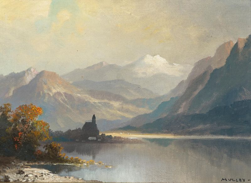 A mountain lake with a chapel, oil painting by Oskar Mulley