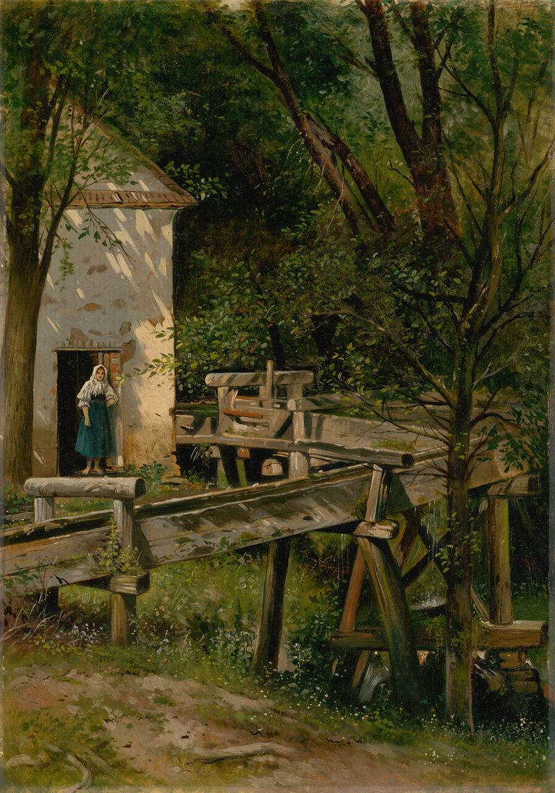 Paisaje realista de Eduard Majsch que representa un molino junto a un río