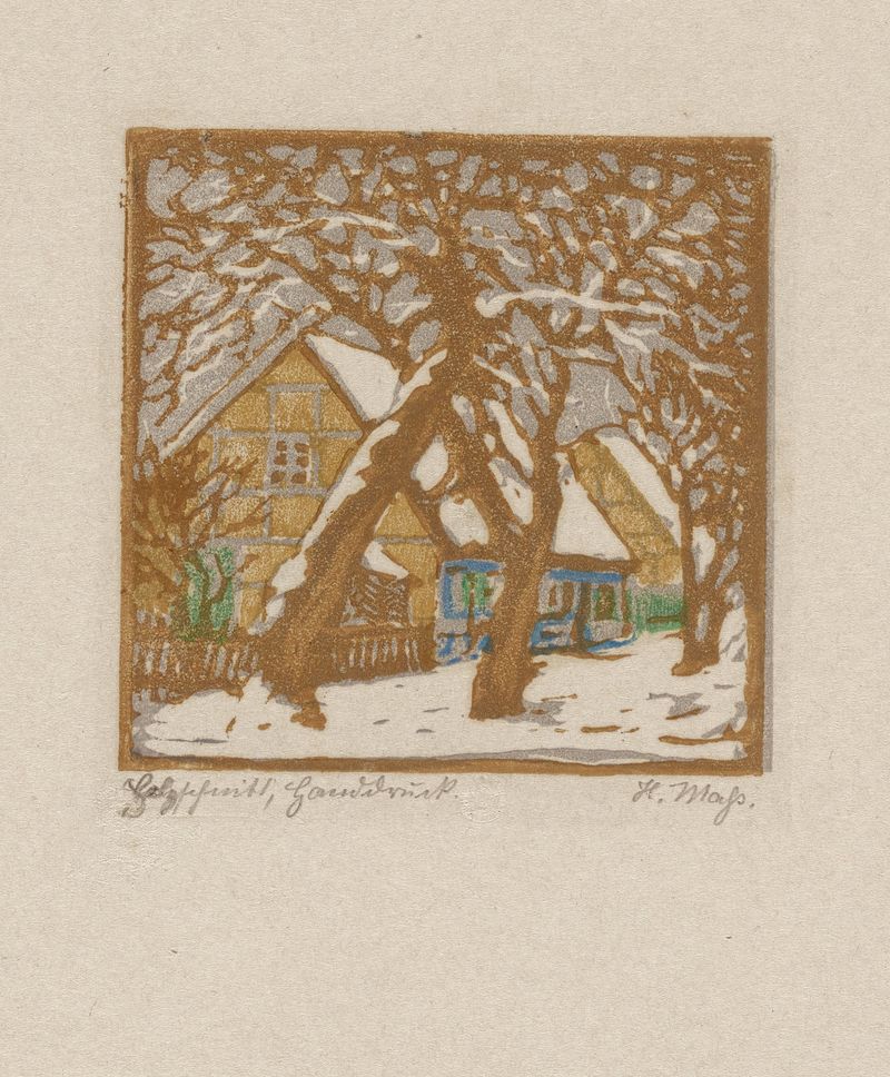 Farmhouse in the snow, oil on canvas by Helene Mass