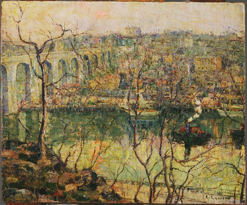 High Bridge, Early Moon de Ernest Lawson, pintura al óleo que muestra un puente bajo la luz de la luna