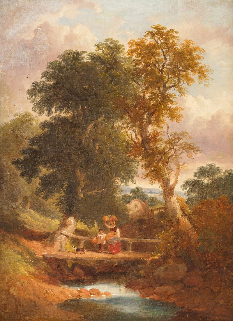 Peasants walking by a stream, oil on canvas by Joseph Horlor