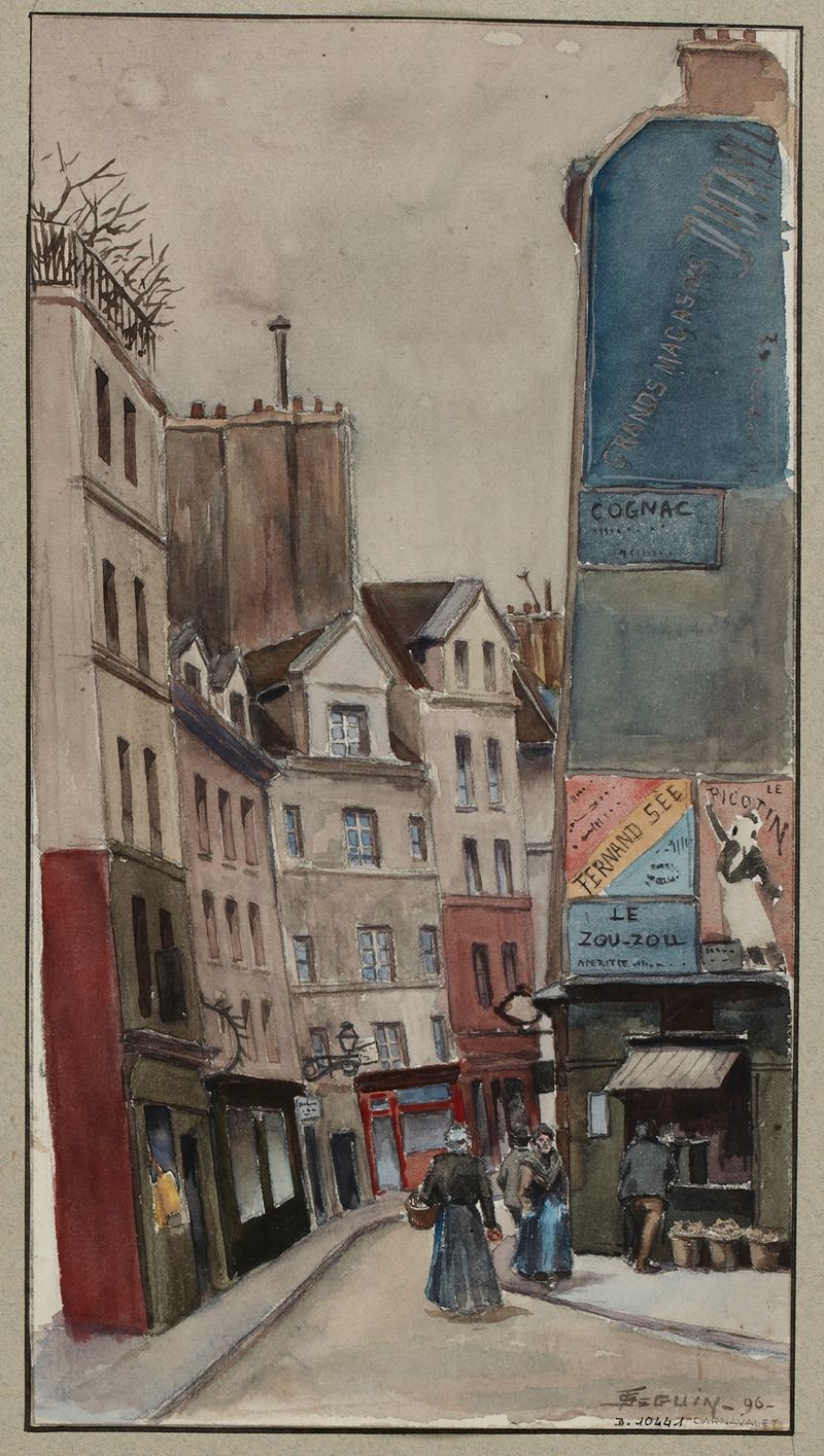 Rue Beaubourg, prise de la rue Rambuteau de F. Séguin, óleo sobre lienzo que muestra una animada calle parisina.