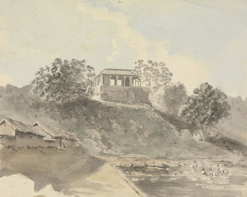 River Scene with Buildings de Samuel Davis, pintura al óleo que representa un río tranquilo al atardecer.