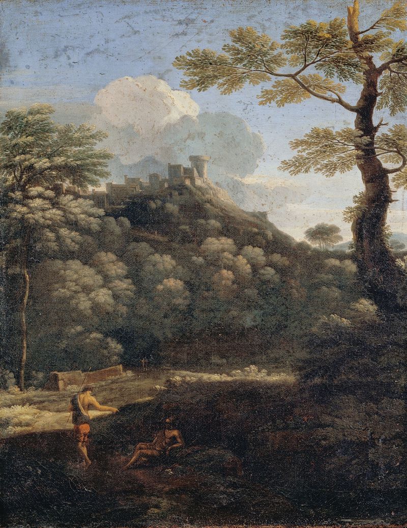 Oil painting of a castle surrounded by trees by Gaspard Dughet