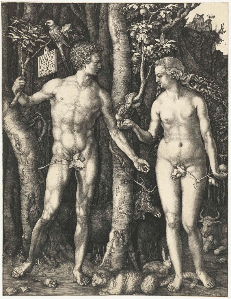 Engraving by Albrecht Dürer depicting Adam and Eve in paradise