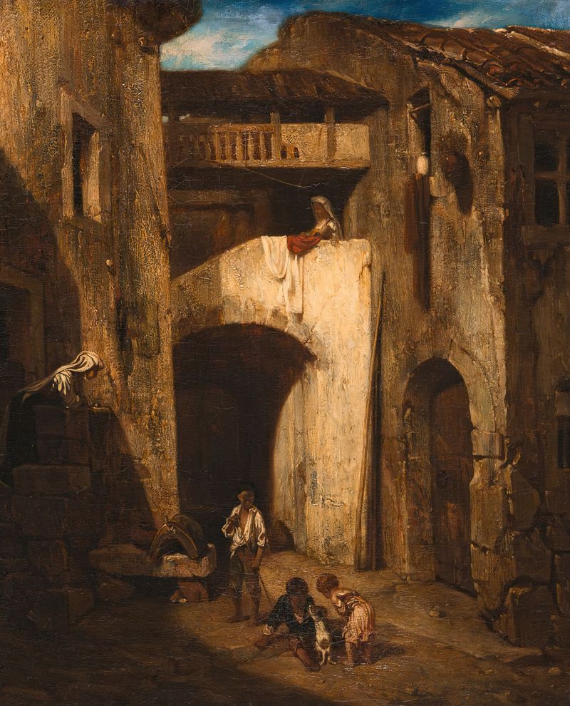 Interior scene of Italian Courtyard by Alexandre-Gabriel Decamps, oil painting