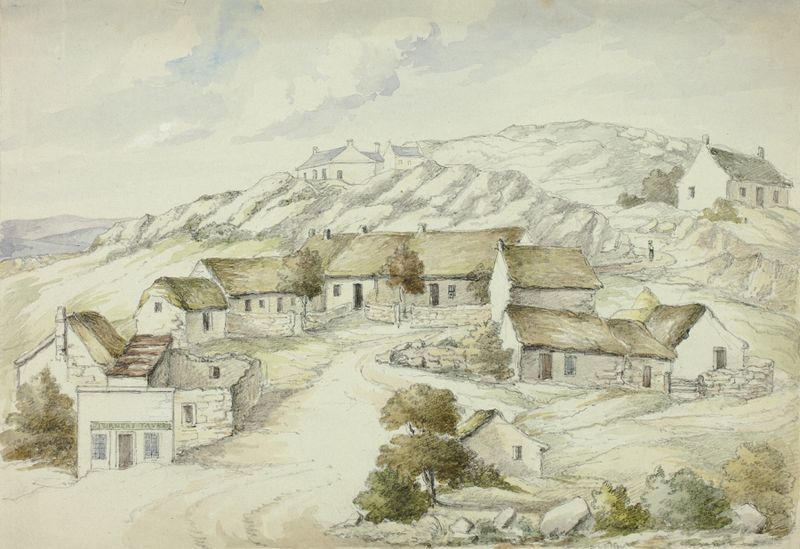 Landscape depicting Kilkenny Village with houses among rugged terrain, oil painting by Elizabeth Murray