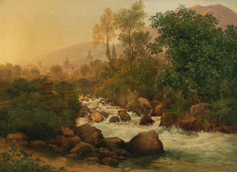 Cena de cachoeira de Josef Rebell, Romantismo, mostrando folhagem vibrante e águas rápidas.
